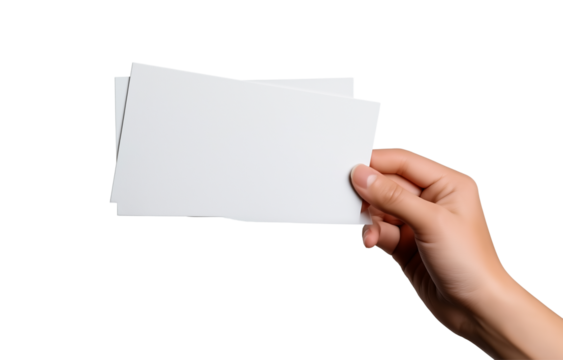 Male hand holding two blank sheets of paper (tickets, flyers, invitations, coupons, banknotes, etc.), transparent background, cut out - Powered by Adobe