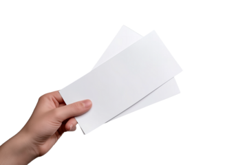 Male hand holding two blank sheets of paper (tickets, flyers, invitations, coupons, banknotes, etc.), transparent background, cut out