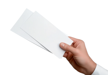 Male hand holding two blank sheets of paper (tickets, flyers, invitations, coupons, banknotes, etc.), transparent background, cut out