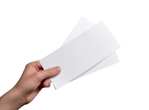 Male hand holding two blank sheets of paper (tickets, flyers, invitations, coupons, banknotes, etc.), transparent background, cut out