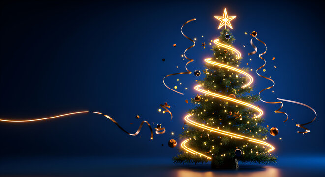 Futuristic Holiday Tree with Colorful Light Trails and Confetti – 3D Christmas Concept