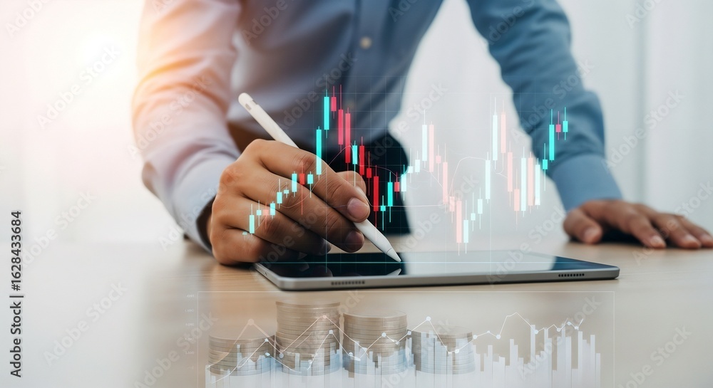 Poster a close-up of a person using a stylus on a tablet showing a financial stock market graph with coin s
