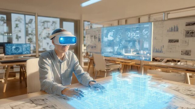 A person wearing a VR headset interacts with a holographic 3D city model and digital blueprints visualizing futuristic architectural design and urban planning