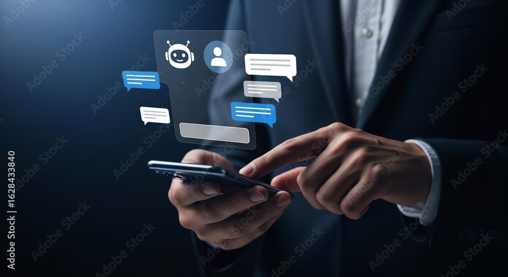 Poster a businessman in a suit using a smartphone to interact with a chatbot, with chat bubbles appearing o