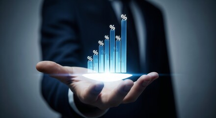 A businessman in a suit holding a glowing, 3D bar chart with percentage signs on each bar.