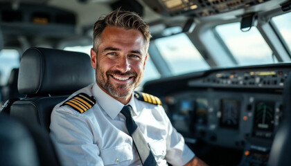 Confident airline pilot smiling warmly inside a modern cockpit.