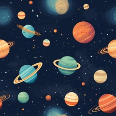 Naklejka premium Colorful Planet Pattern in Deep Blue Space Cosmic Cartoon Style