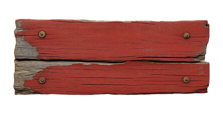 A rustic, red wooden sign with weathered wood and peeling paint, isolated on a transparent background in PNG format.