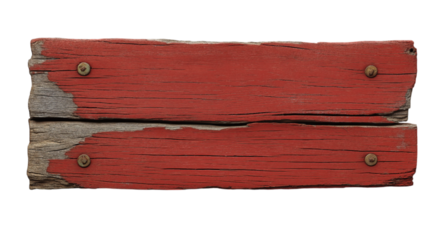 A rustic, red wooden sign with weathered wood and peeling paint, isolated on a transparent background in PNG format.