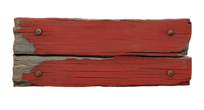 A rustic, red wooden sign with weathered wood and peeling paint, isolated on a transparent background in PNG format.