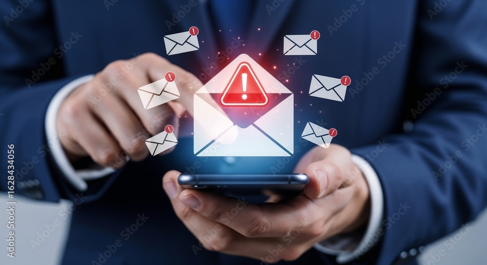 Poster a businessman holding a smartphone with multiple email notifications and a central alert icon for sp