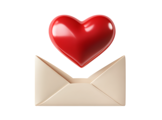  An icon of a red heart and envelope, on a white background, representing the concept of a love letter. This 3D rendering is in a cartoon style with a simple design