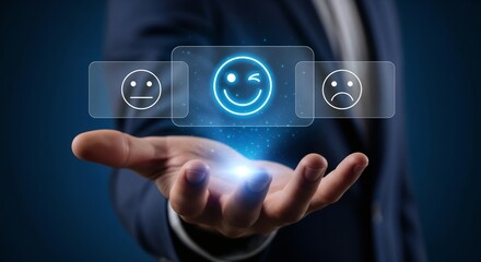 A businessman's hand holding a glowing, winking smiley face icon between a neutral and a sad face icon for customer satisfaction.