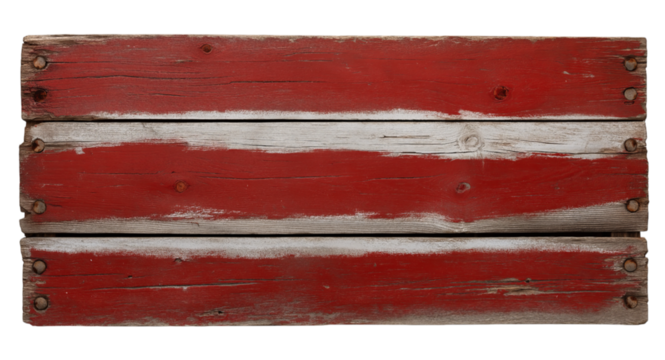 A rustic, red wooden sign with weathered wood and peeling paint, isolated on a transparent background in PNG format.