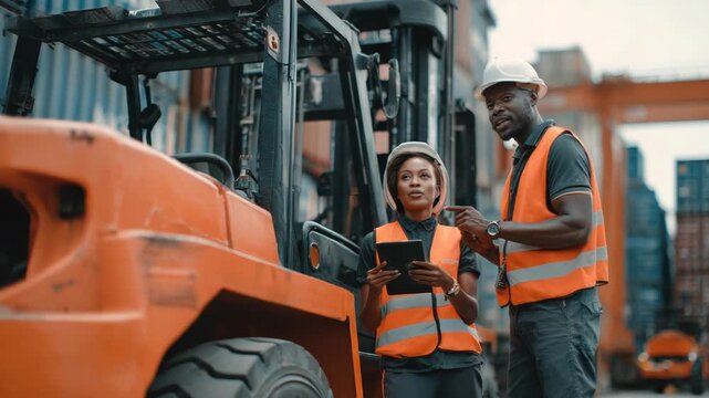 Two African American warehouse workers in hard hats and safety vests discuss logistics and inventory beside a forklift in a busy shipping yard - Powered by Adobe