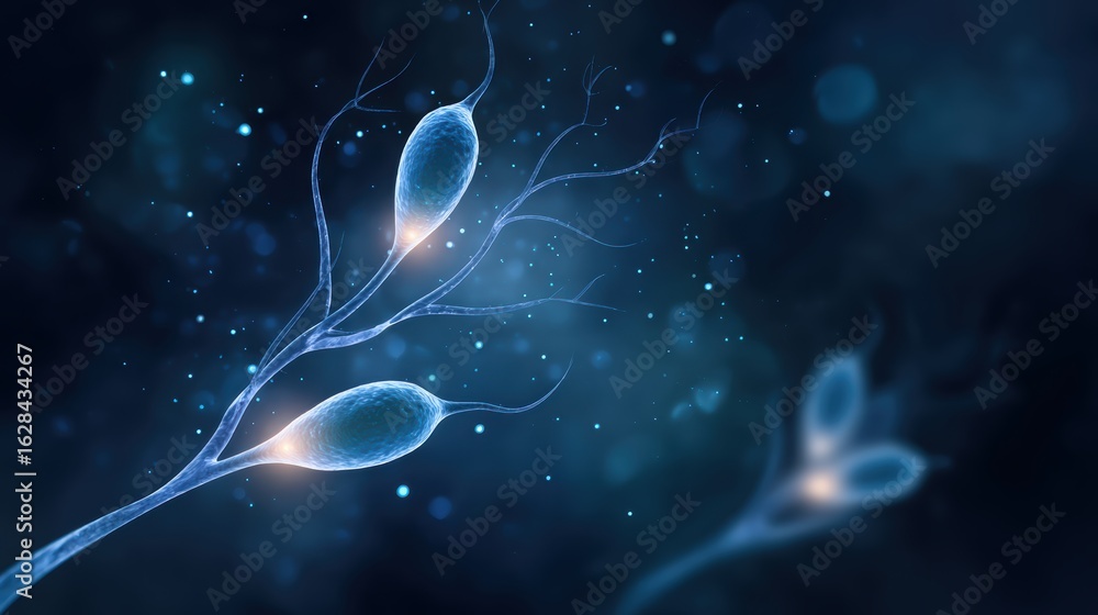 Poster a surreal, abstract representation of cellular structures illuminated in blue tones, creating a myst