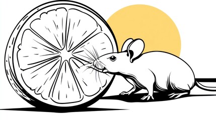 Simple line art of a mouse near a lemon slice