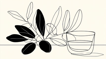 Simple line drawing of olives and a glass
