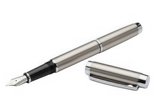 Elegant silver fountain pen stationery writing tool isolated on transparent background