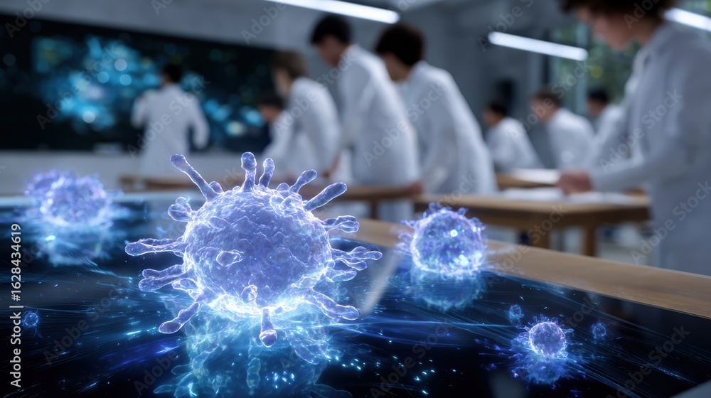 Aufkleber a scientific setting displaying digital representations of viruses, with researchers in lab coats ex