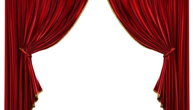 Red stage curtains on transparent background, cut out