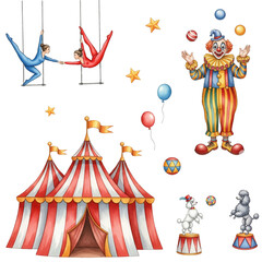 Circus vector collection of striped big top tent with flags, juggling clown, trapeze artists performing high in the air, poodles balancing on decorated platforms. © SunwArt