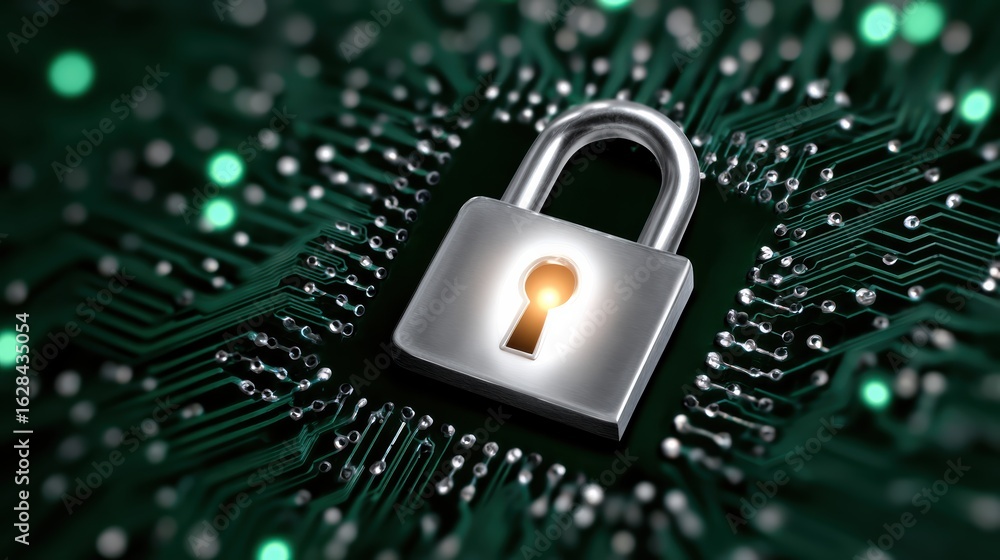 Aufkleber a digital padlock sits at the center of a circuit board, symbolizing cybersecurity and data protecti