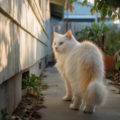 Fluffy white cat with long hair walks on sunlit concrete path, surrounded by greenery and wooden fence, creating serene and peaceful atmosphere