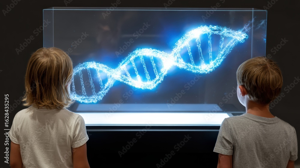 Aufkleber two children observe a glowing dna model in a display case, showcasing a blend of science and techno