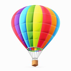 Fototapeta premium A vibrant, multicolored hot air balloon with vertical stripes in shades of red, yellow, green, blue, and purple, a brown wicker basket, and silver ropes