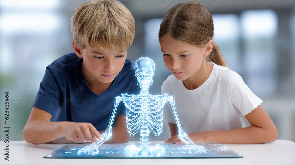 Poster two children interact with a holographic skeleton display, engaged in learning about anatomy through