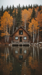 Fototapeta premium Charming Wooden Cabin Surrounded by Vibrant Autumn Trees