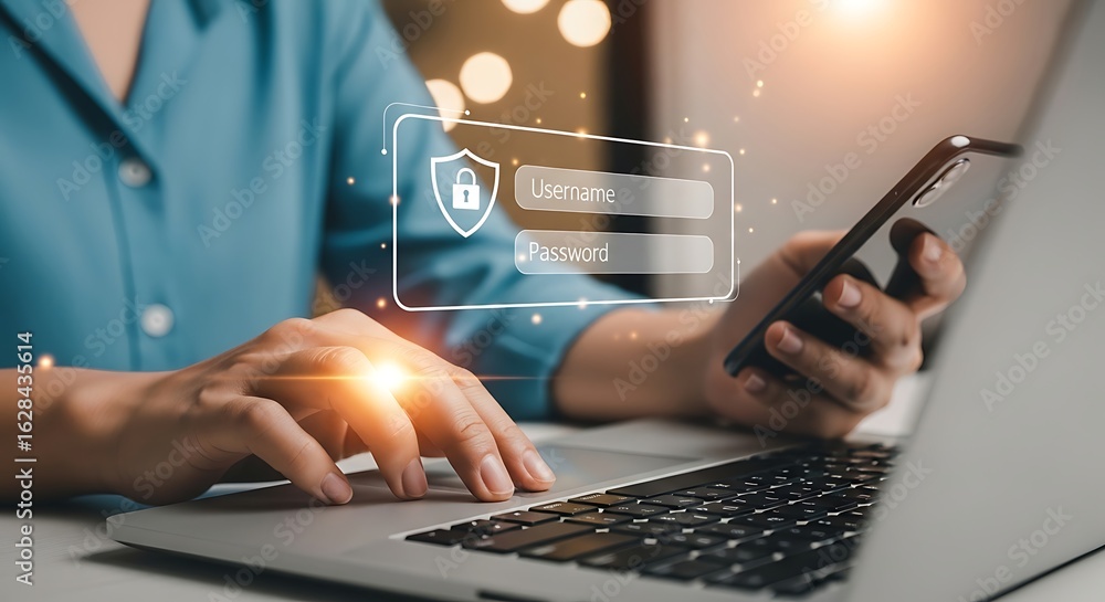 Poster a person logging into a secure account with a password on a laptop and mobile phone