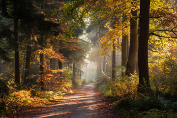Serene autumn forest path is illuminated by soft sunlight, with vibrant leaves in shades of orange, yellow, and red creating picturesque scene. tranquil atmosphere invites peaceful reflection