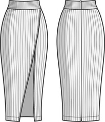 Cad drawing flat vector illustration, asymmetrical wrap skirt, front slit detail, high waistband, pinstripe design, fashion sketch, garment template**