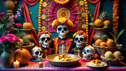 Fototapeta premium An image of a traditional Day of the Dead (Dia de los Muertos) altar or ofrenda, showcasing the colorful decorations and offerings.