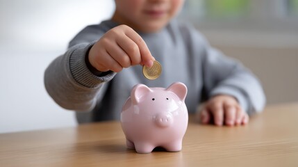 A child deposits a coin into a pink piggy bank, symbolizing saving money and financial literacy at a young age.