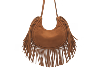 Brown suede fringe shoulder bag isolated on transparent background
