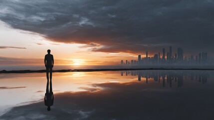 Fototapeta premium A solitary figure stands by the water, reflecting on a city skyline under a dramatic sunset, creating a serene and contemplative atmosphere.