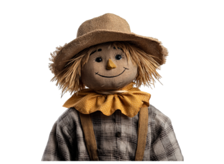 A cute scarecrow doll made of straw, isolated on a transparent background in PNG format.
