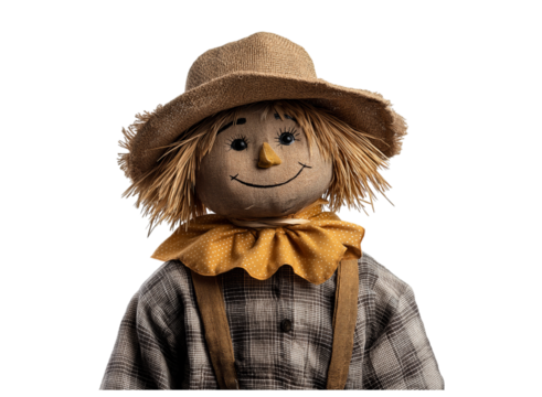 A cute scarecrow doll made of straw, isolated on a transparent background in PNG format. - Powered by Adobe