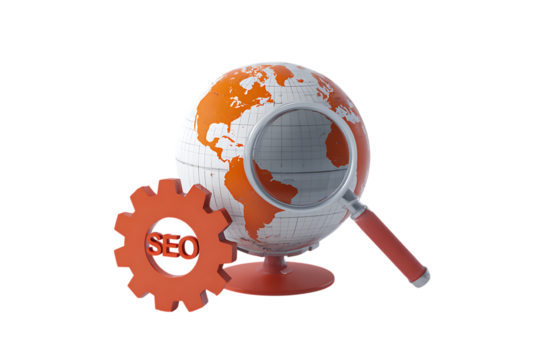 360° view of global search, magnify glass, gear. SEO, marketing concept.