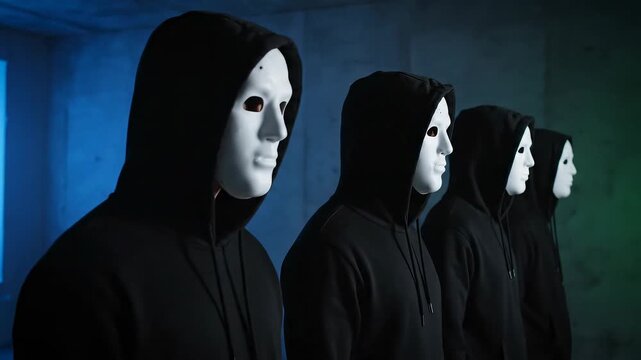 Gruppe professioneller maskierter Cyber-Diebe mit schwarzen Kapuzen im dunklen B&uuml;ro des IT-Unternehmens