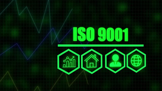 A ISO 9001 business concept on a flashing computer monitor with moving graphs and data. histogram business graph Statistic and data, information infographic on digital technology strategy background.