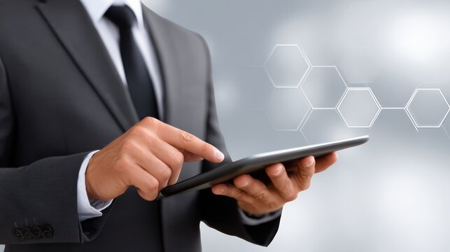A businessman in a suit interacts with a tablet, showcasing the integration of technology in professional environments.