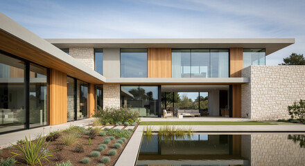 Fototapeta premium A modern, single-story house with clean lines, neutral tones, and large windows in daylight.