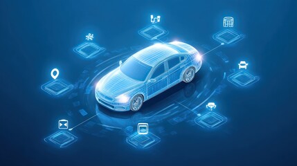 Isometric view of a car surrounded by glowing digital elements