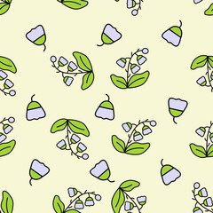 Seamless lavender floral pattern with delicate bell flowers and green leaves on a soft pale yellow background. Perfect for kids’ prints, wrapping paper, and nursery decor.