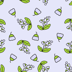 Seamless lavender floral pattern with delicate bell flowers and green leaves on a soft light lavender-blue background. Ideal for kids’ prints, wrapping paper, and nursery decor