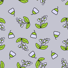 Seamless lavender floral pattern with delicate bell flowers and green leaves on a muted lavender-gray background. Perfect for kids’ prints, wrapping paper, and nursery decor.
